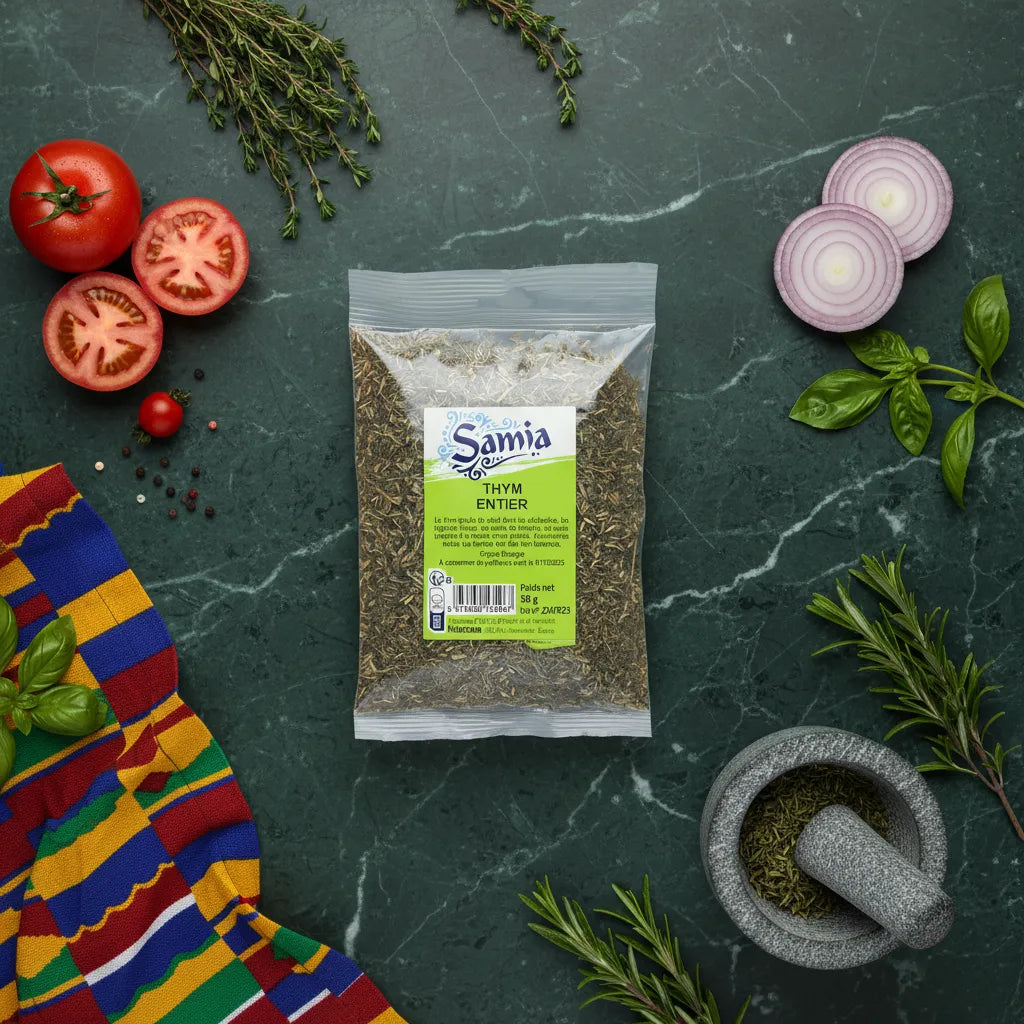 Sachet de thym entier SAMIA entouré d'ingrédients frais sur plan de travail, herbe culinaire pour épicerie salée et recettes maison.