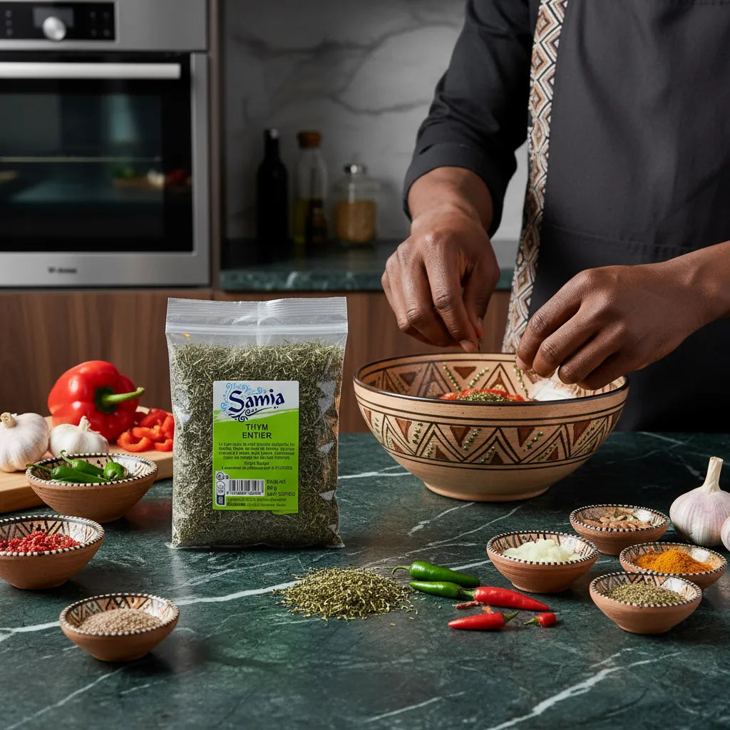 Préparation culinaire avec thym entier SAMIA et épices variées, herbe séchée idéale pour plats traditionnels et cuisine épicée.