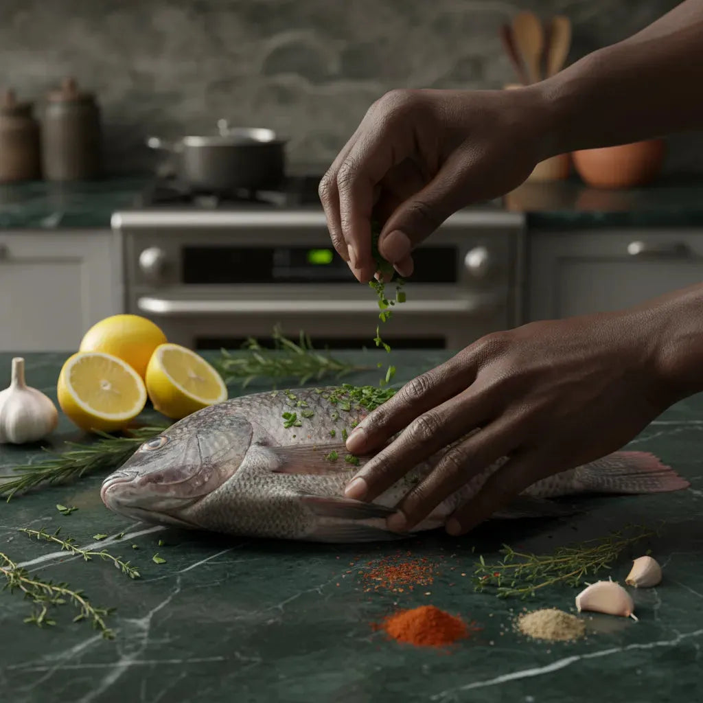 Préparation d’un tilapia frais avec herbes et épices sur plan de cuisine. Poisson soigneusement sélectionné pour une fraîcheur optimale.