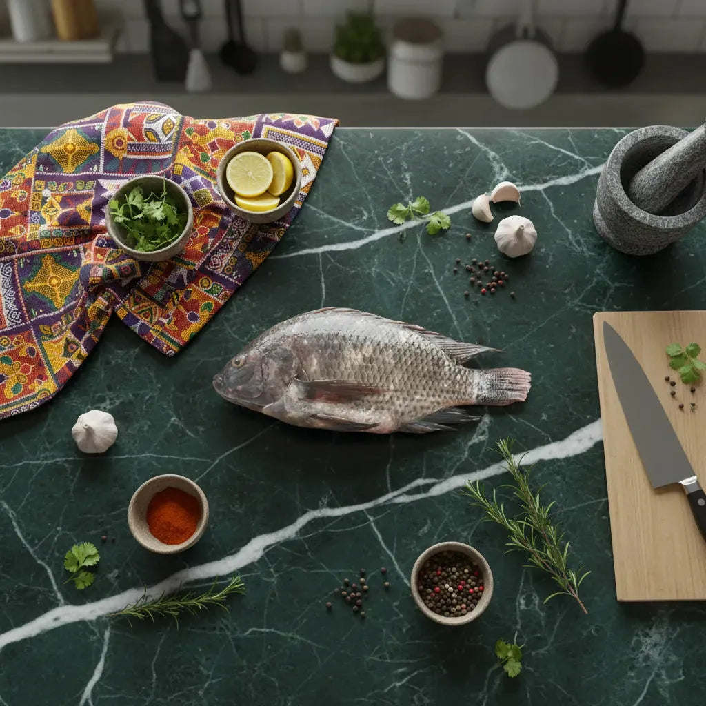 Tilapia frais sur plan de travail avec épices, herbes et citron, prêt pour préparation culinaire. Produit surgelé de qualité à acheter en ligne.