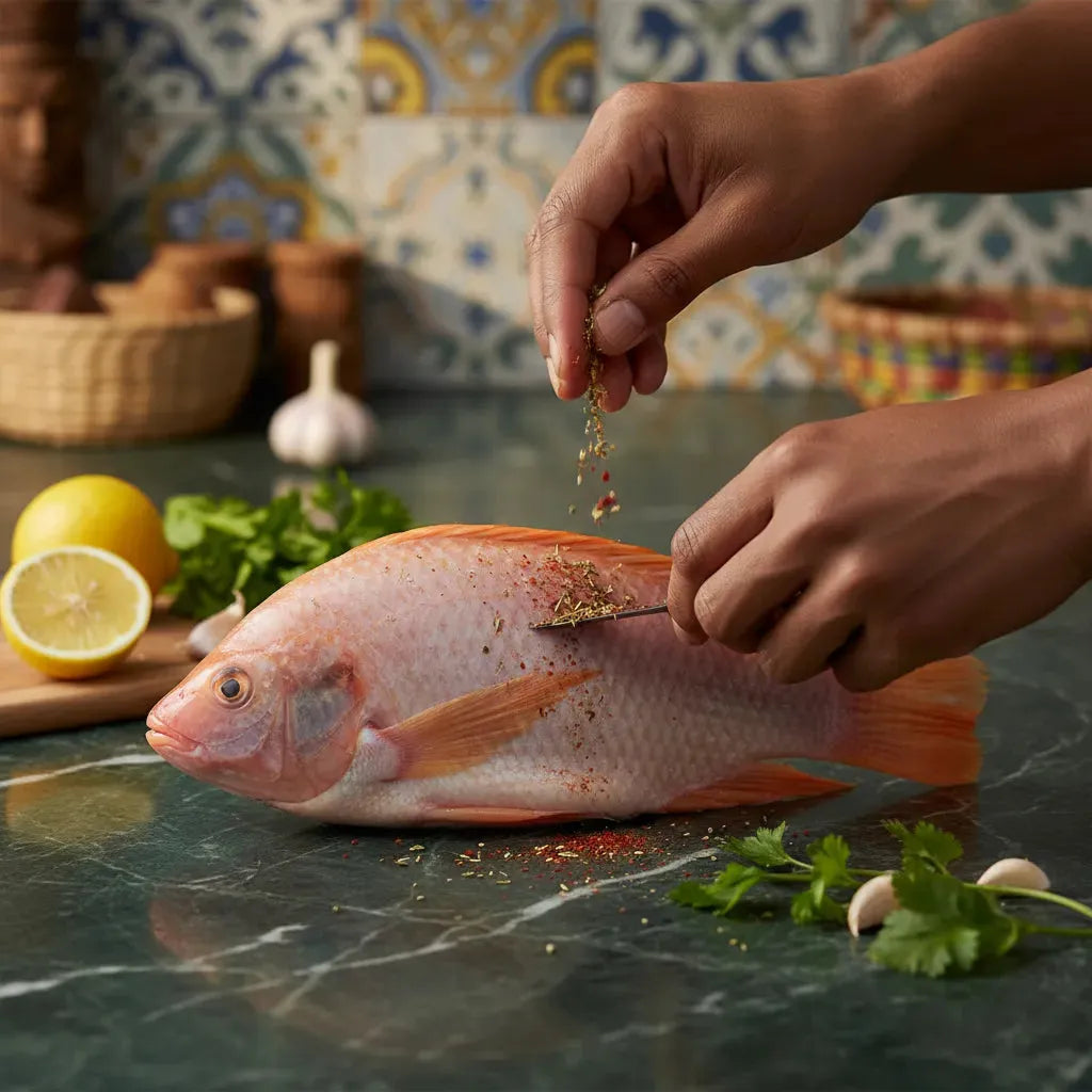 Préparation culinaire du tilapia rouge avec épices et herbes fraîches. Poisson tendre au goût subtil, parfait pour recettes maison.