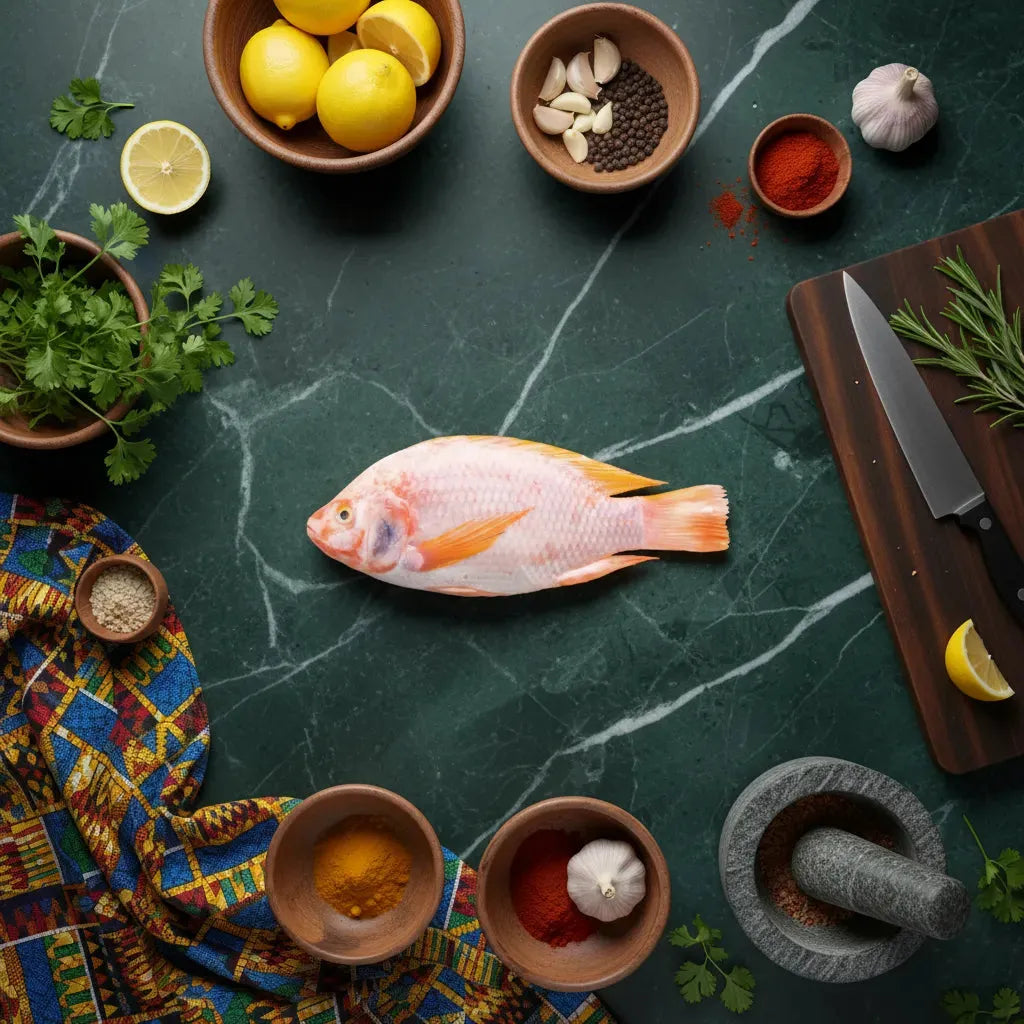 Tilapia rouge cru entouré d'ingrédients frais comme citron, ail et coriandre. Idéal pour plats savoureux et équilibrés.