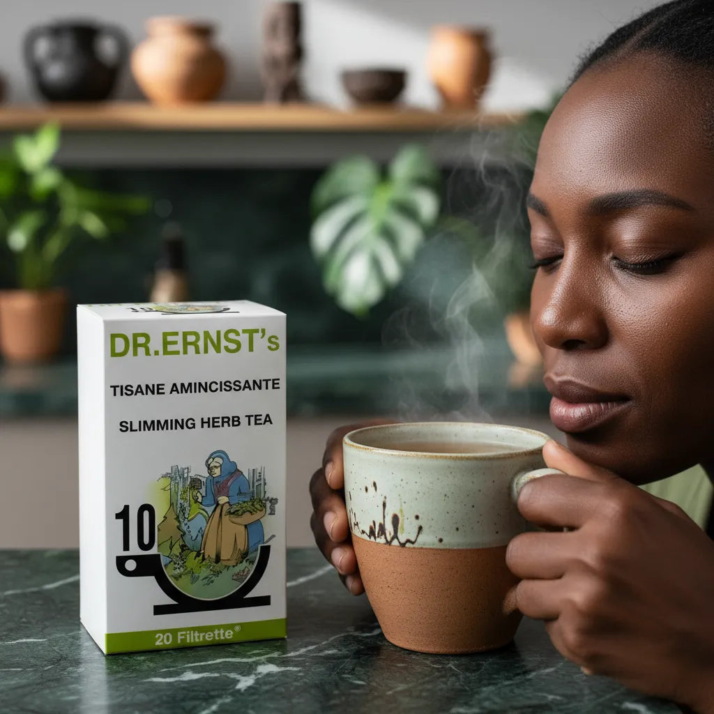 Femme savourant une tasse d'Infusion Minceur DR ERNST Bio, boisson bien-être à base de plantes sélectionnées pour équilibrer l'organisme.