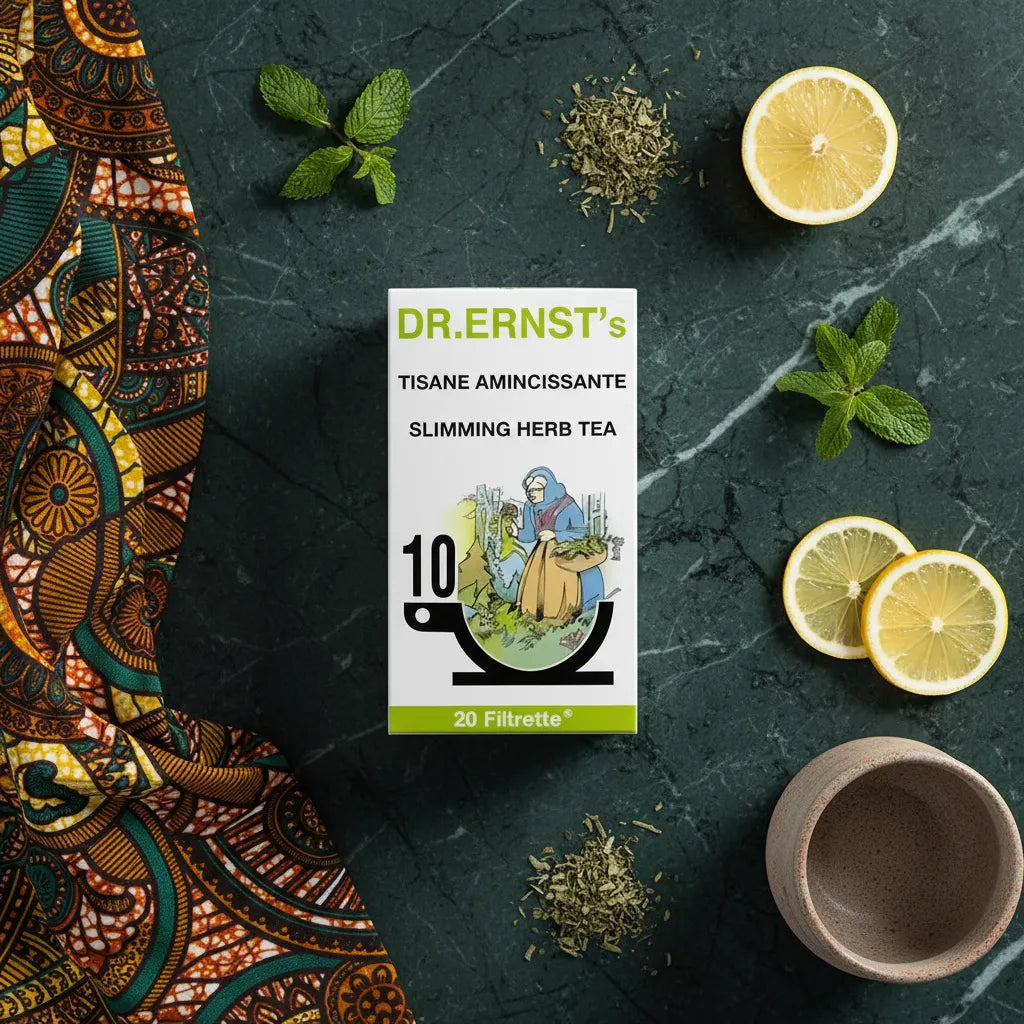 Infusion Minceur DR ERNST Bio posée sur une table avec citron, menthe et tissu coloré, infusion naturelle pour perte de poids saine.