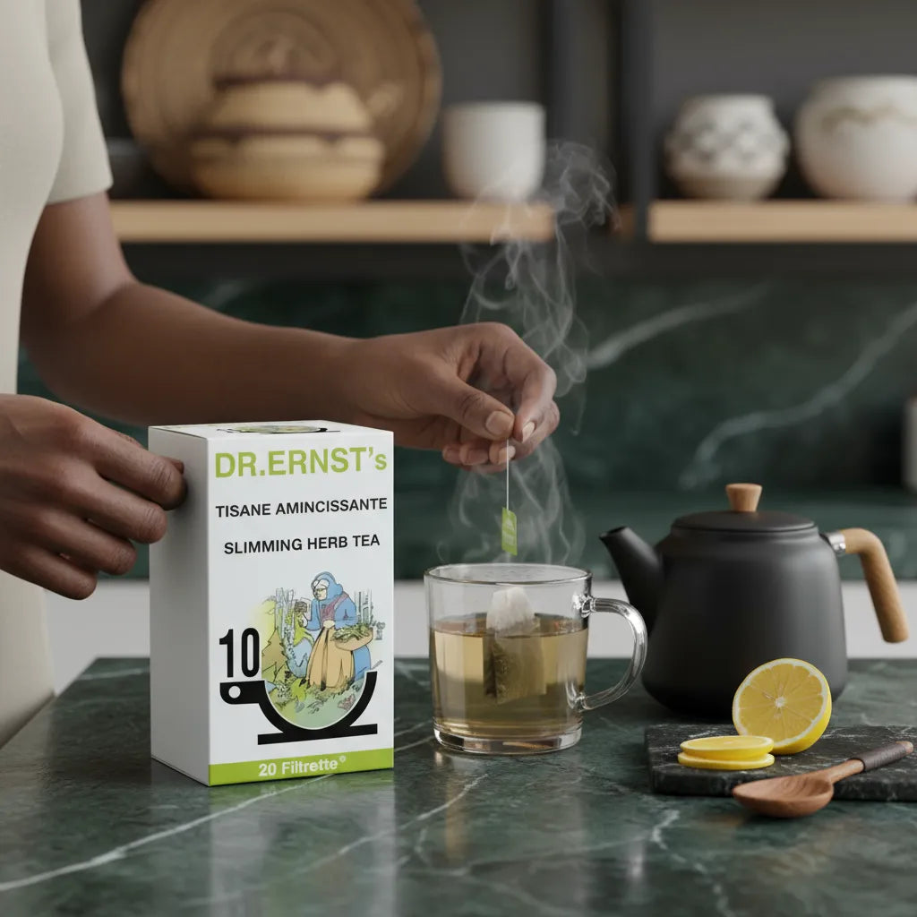 Préparation d'une tasse d'Infusion Minceur DR ERNST Bio avec théière et rondelles de citron, idéale pour une routine minceur naturelle.