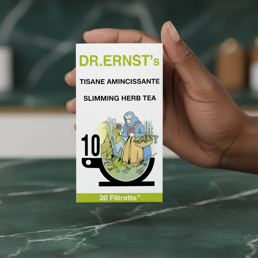 Main tenant une boîte de Tisane Amincissante DR ERNST Bio, infusion bien-être aux plantes pour favoriser la perte de poids naturellement.
