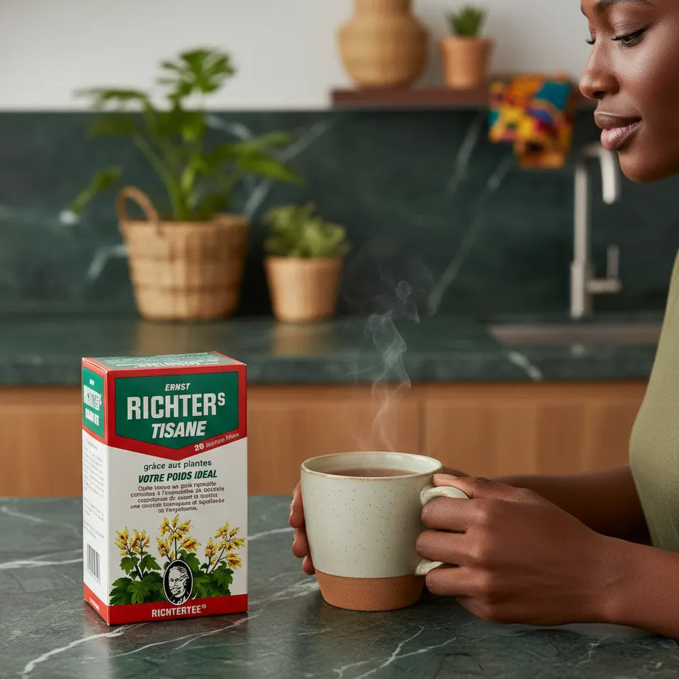 Femme dégustant une tisane rhubarbe RICHTER dans une tasse, infusion relaxante idéale pour une pause bien-être au quotidien.