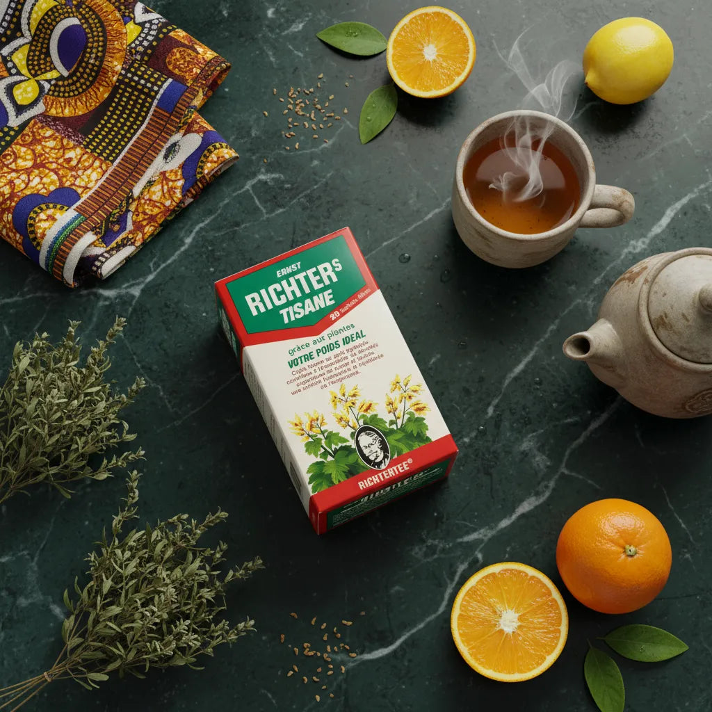 Tisane rhubarbe RICHTER posée sur une table en marbre avec agrumes et herbes, infusion bien-être au goût délicat et légèrement acidulé.