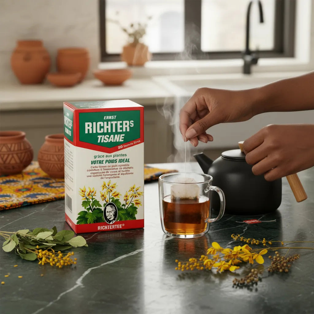 Préparation d'une tisane rhubarbe RICHTER dans une cuisine moderne, infusion chaude et apaisante aux plantes pour un moment de relaxation.