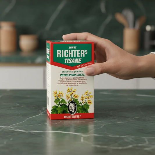 Main tenant une boîte de tisane rhubarbe RICHTER sur un plan de travail, infusion aux plantes pour favoriser l'équilibre de l'organisme.