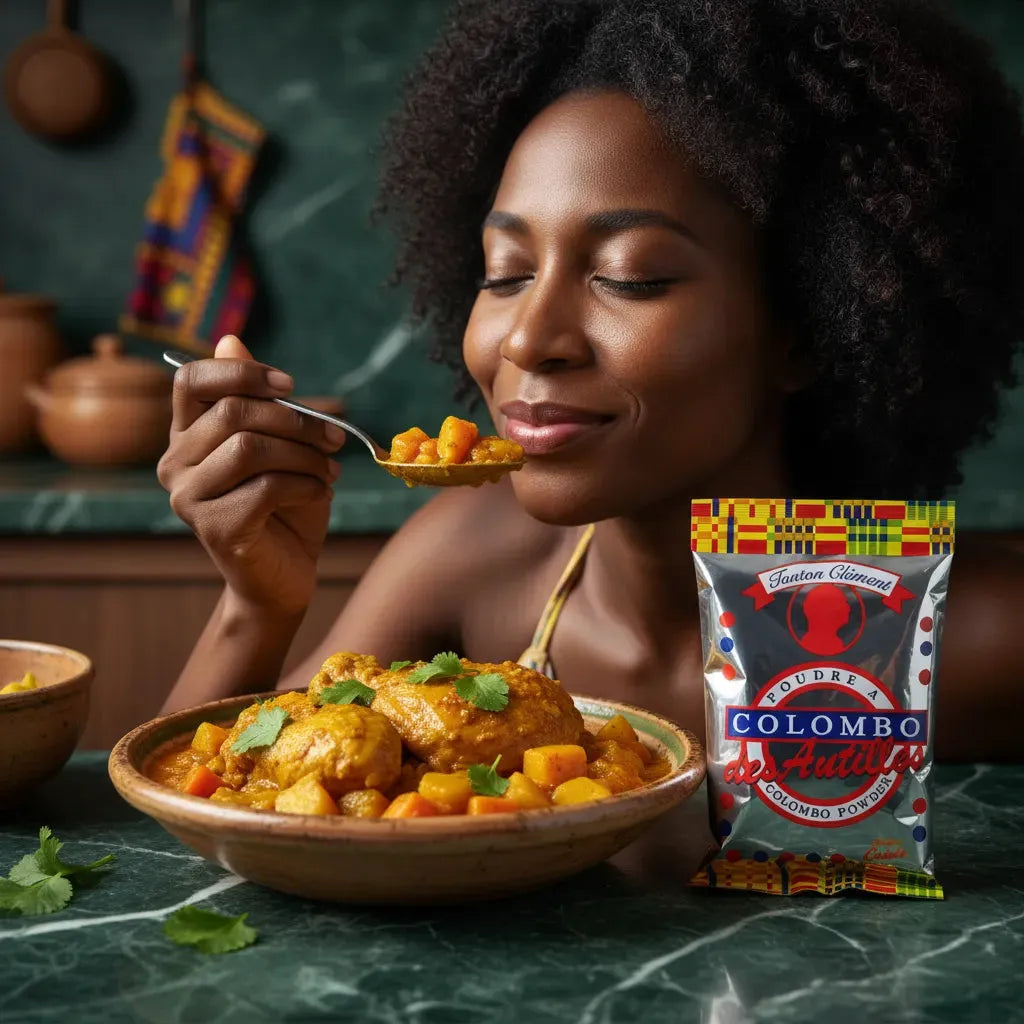 Femme savourant un plat cuisiné avec la poudre Colombo Chaleur Créole, épice aromatique pour une expérience culinaire antillaise authentique.