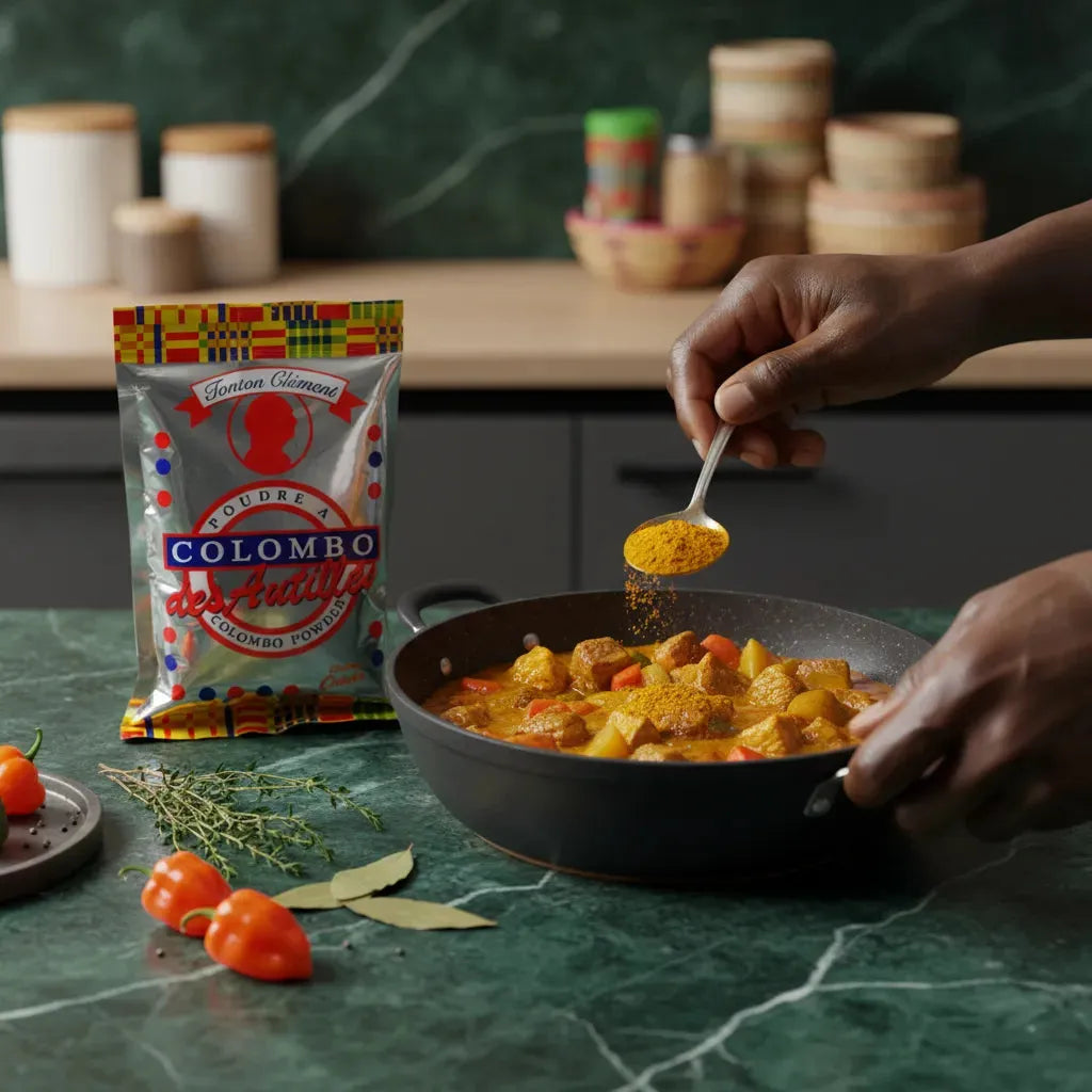 Préparation d’un plat mijoté avec la poudre Colombo Chaleur Créole, un mélange d’épices aromatiques pour sublimer viandes et légumes.