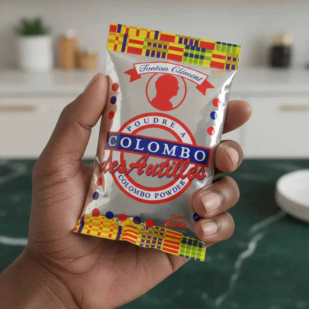Sachet de poudre Colombo Chaleur Créole tenu en main, parfait pour relever les recettes traditionnelles avec un mélange d’épices antillaises.