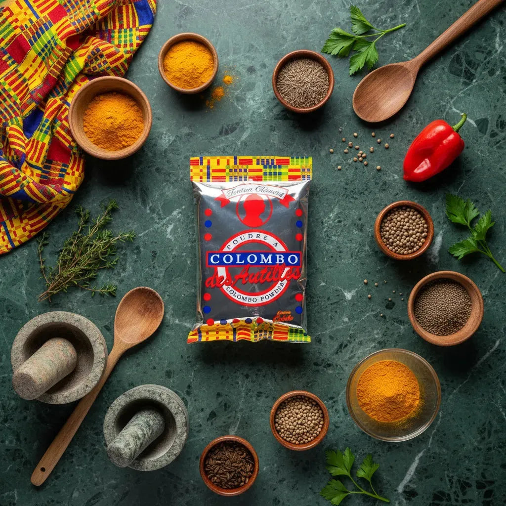 Sachet de poudre Colombo Chaleur Créole entouré d’épices et herbes fraîches, idéal pour cuisine créole et plats épicés maison.