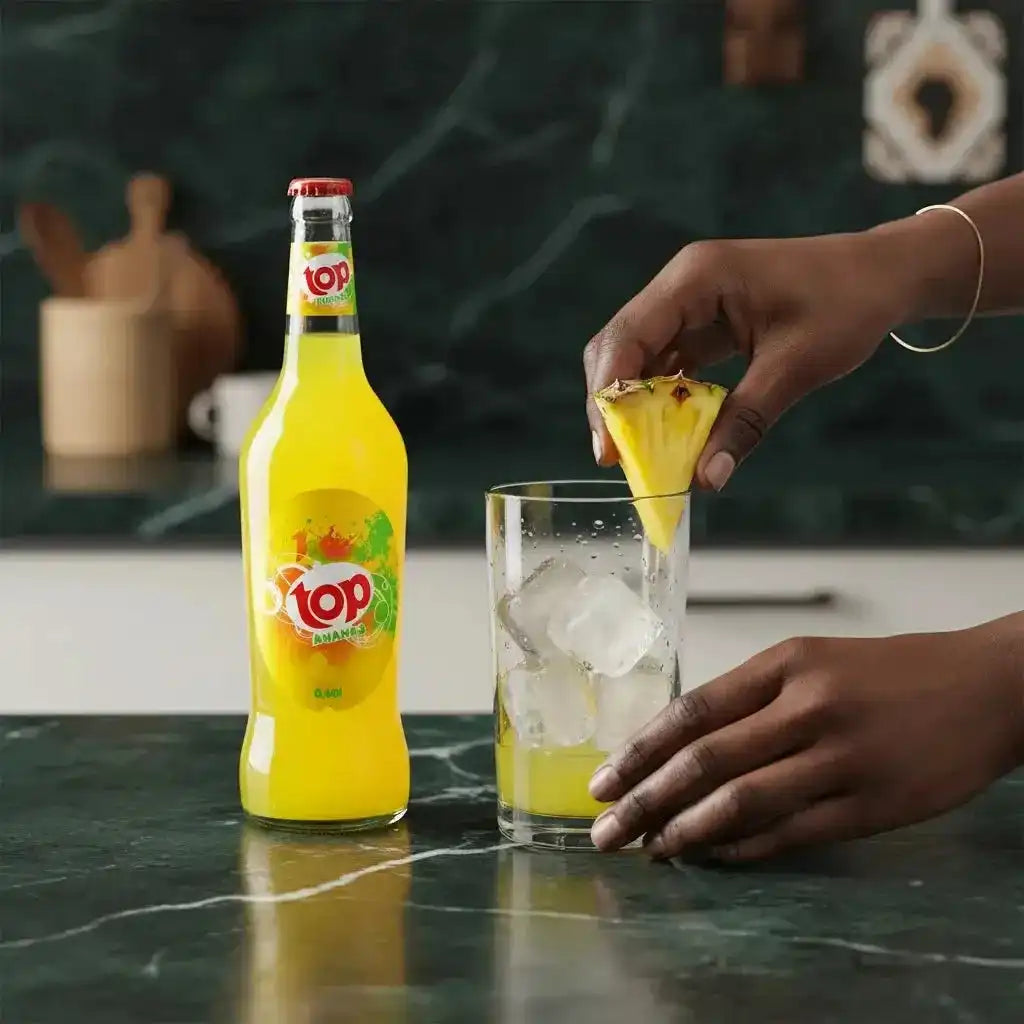 Main pressant une tranche d’ananas dans un verre de Soda ananas TOP avec glaçons, boisson gazeuse fruitée et désaltérante à savourer fraîche.