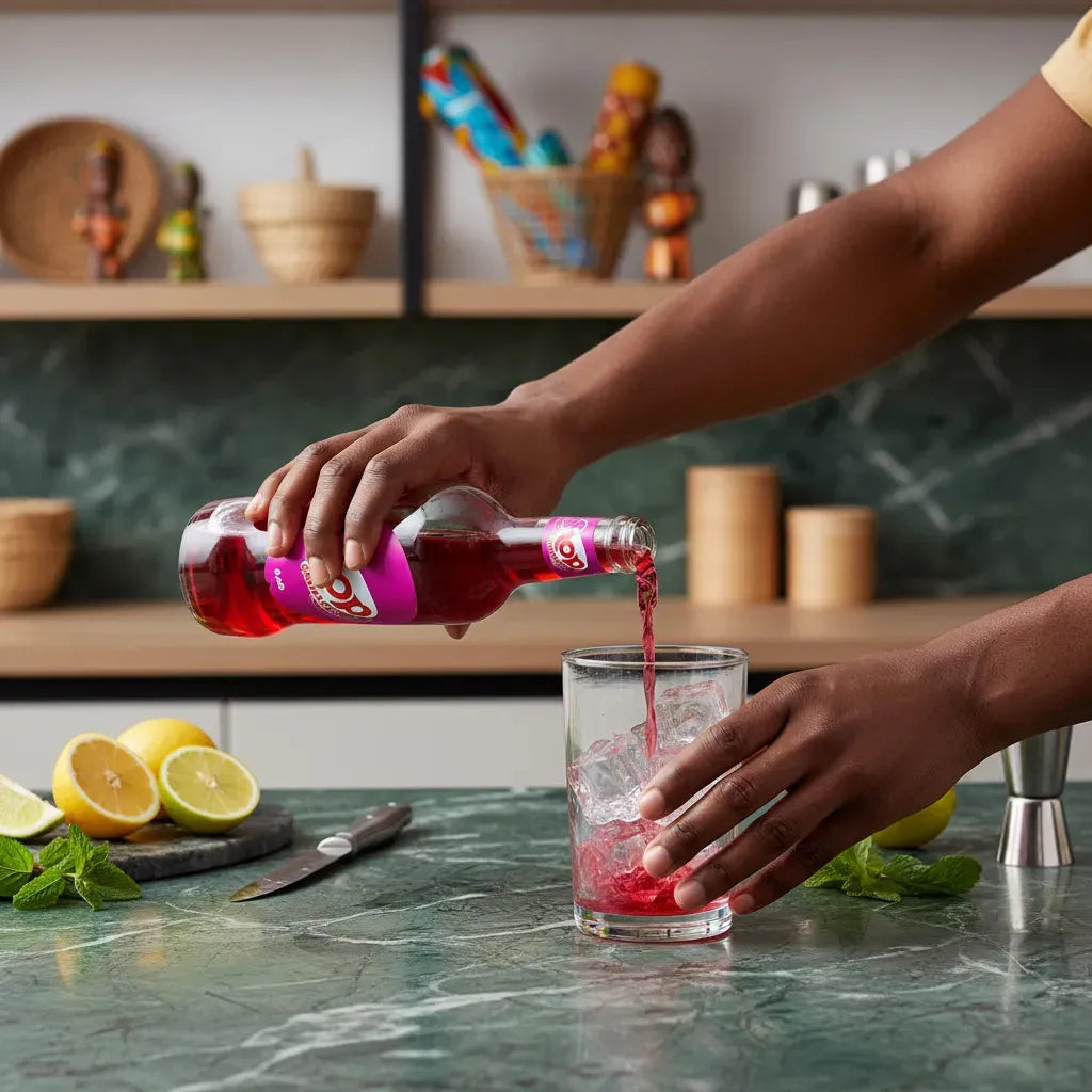Versement du soda goût grenadine TOP dans un verre rempli de glaçons, boisson fruitée parfaite pour se désaltérer en été.