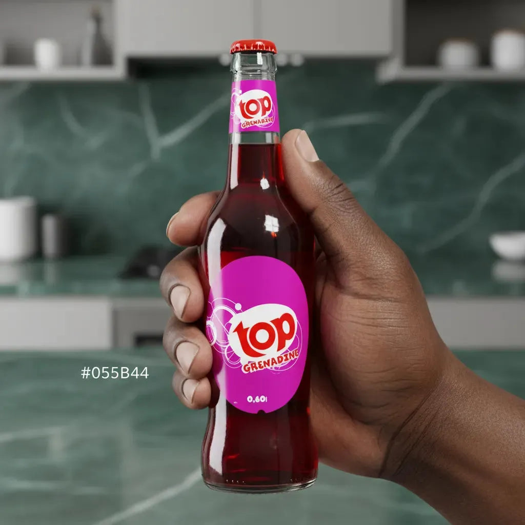 Main tenant une bouteille de soda goût grenadine TOP 0,6L, boisson fruitée idéale pour une pause fraîcheur.
