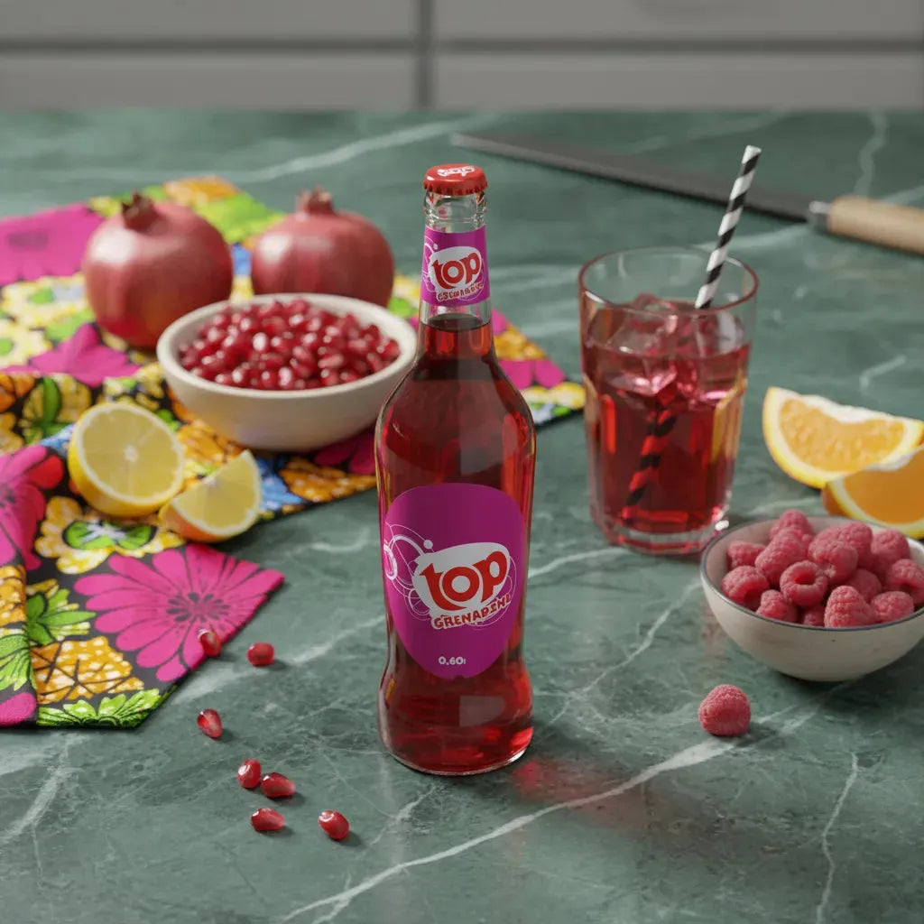 Bouteille de soda goût grenadine TOP posée sur une table avec fruits frais, boisson sucrée et rafraîchissante à base de grenadine.