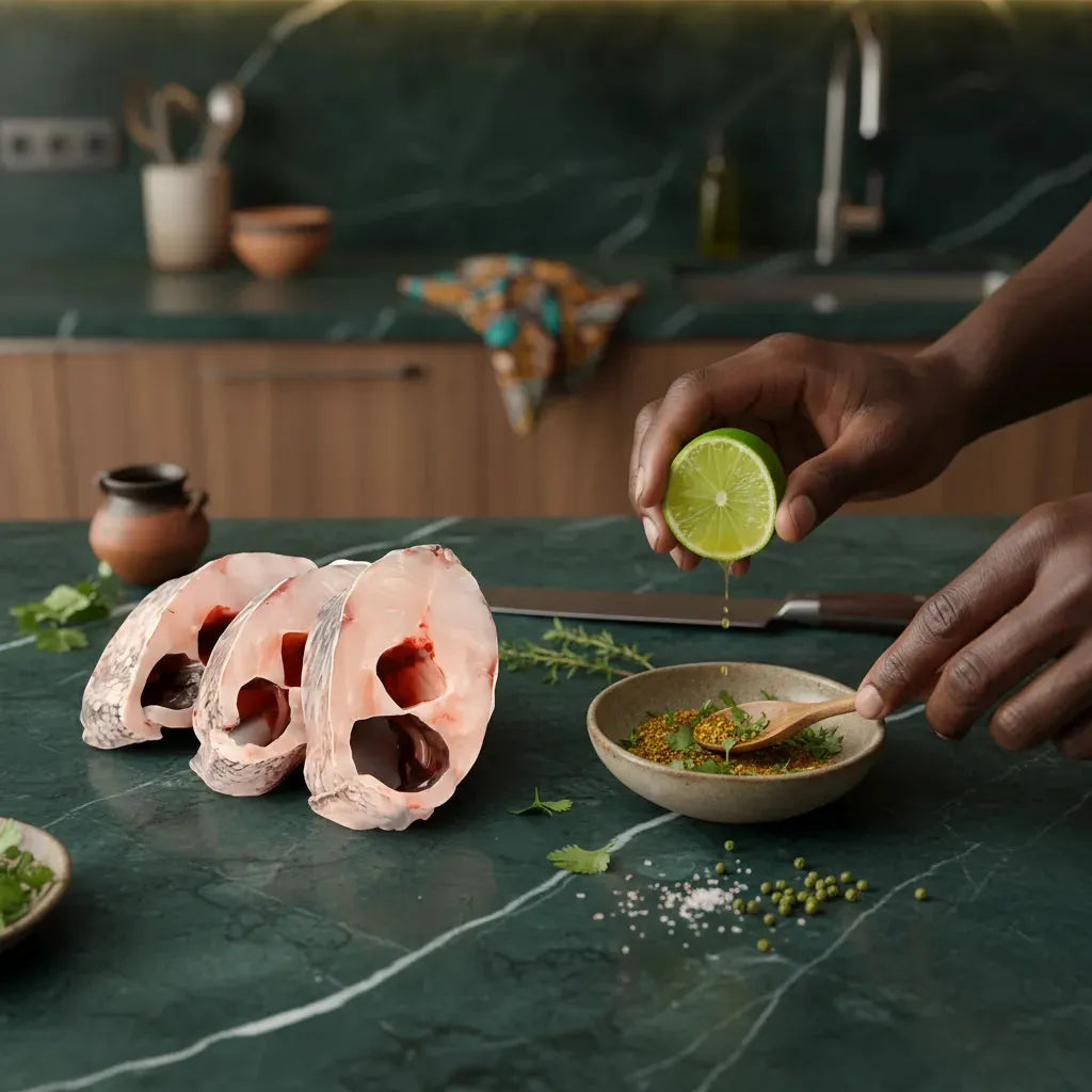 Préparation culinaire avec darnes d'empereur poisson sur plan de travail, accompagnées d'épices et citron vert pour marinade.