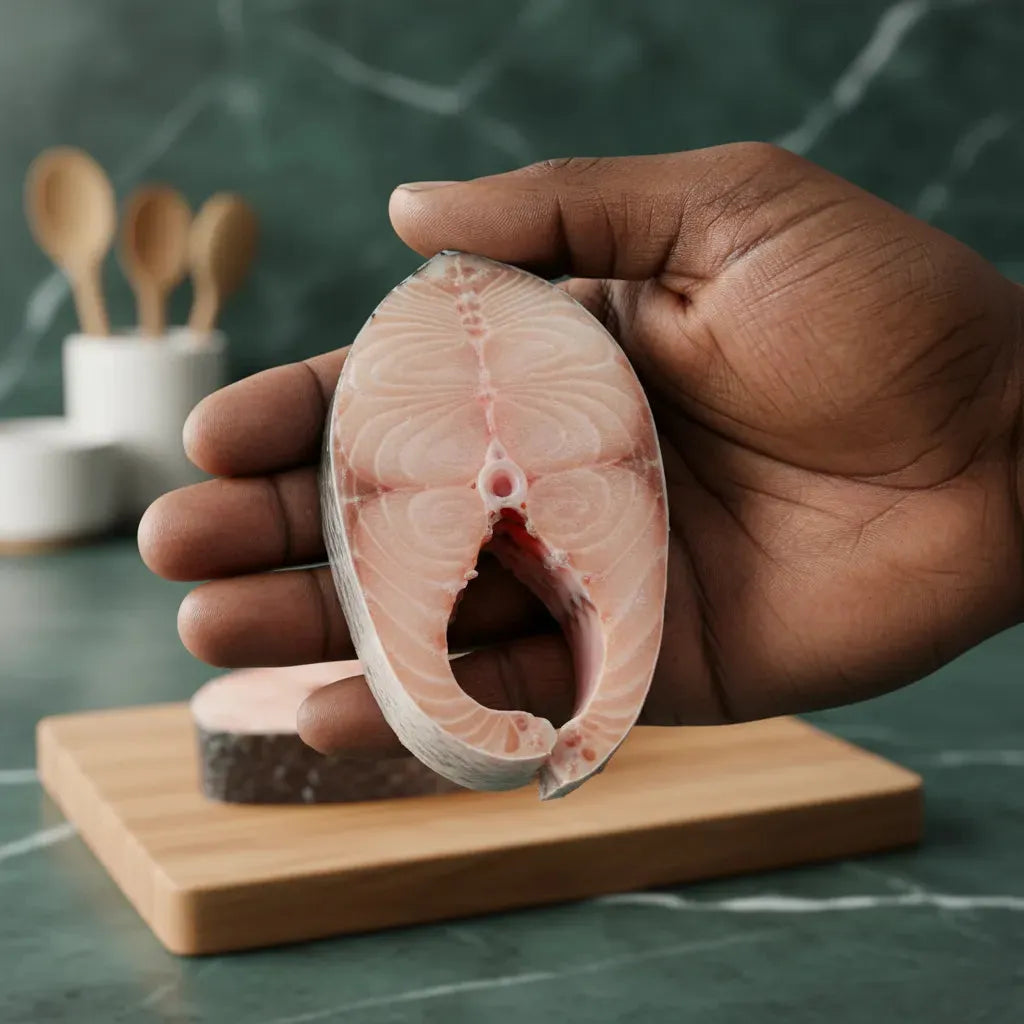 Tranche de darnes d'empereur poisson tenue en main, montrant sa fraîcheur et sa coupe nette. Parfait pour une cuisson savoureuse.