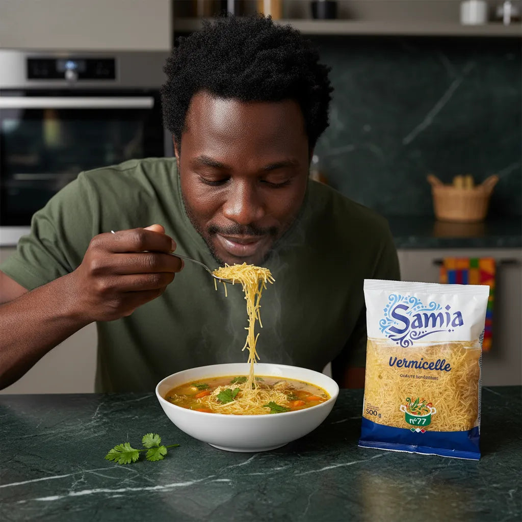 Homme dégustant une soupe chaude aux vermicelles Samia n°77, parfaits pour un repas rapide et savoureux. Paquet visible sur la table.