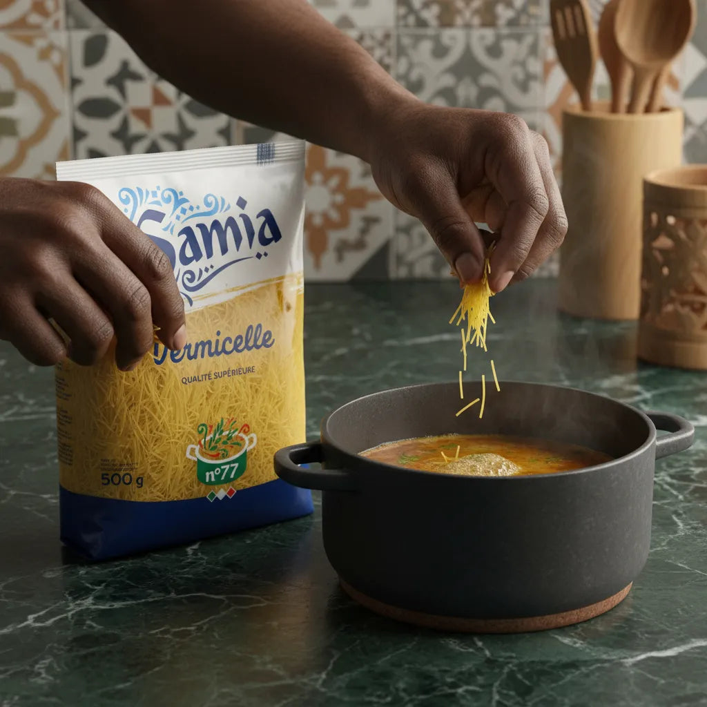 Main versant les pâtes vermicelles Samia n°77 dans une casserole de soupe en cuisson. Produit pratique pour recettes chaudes.