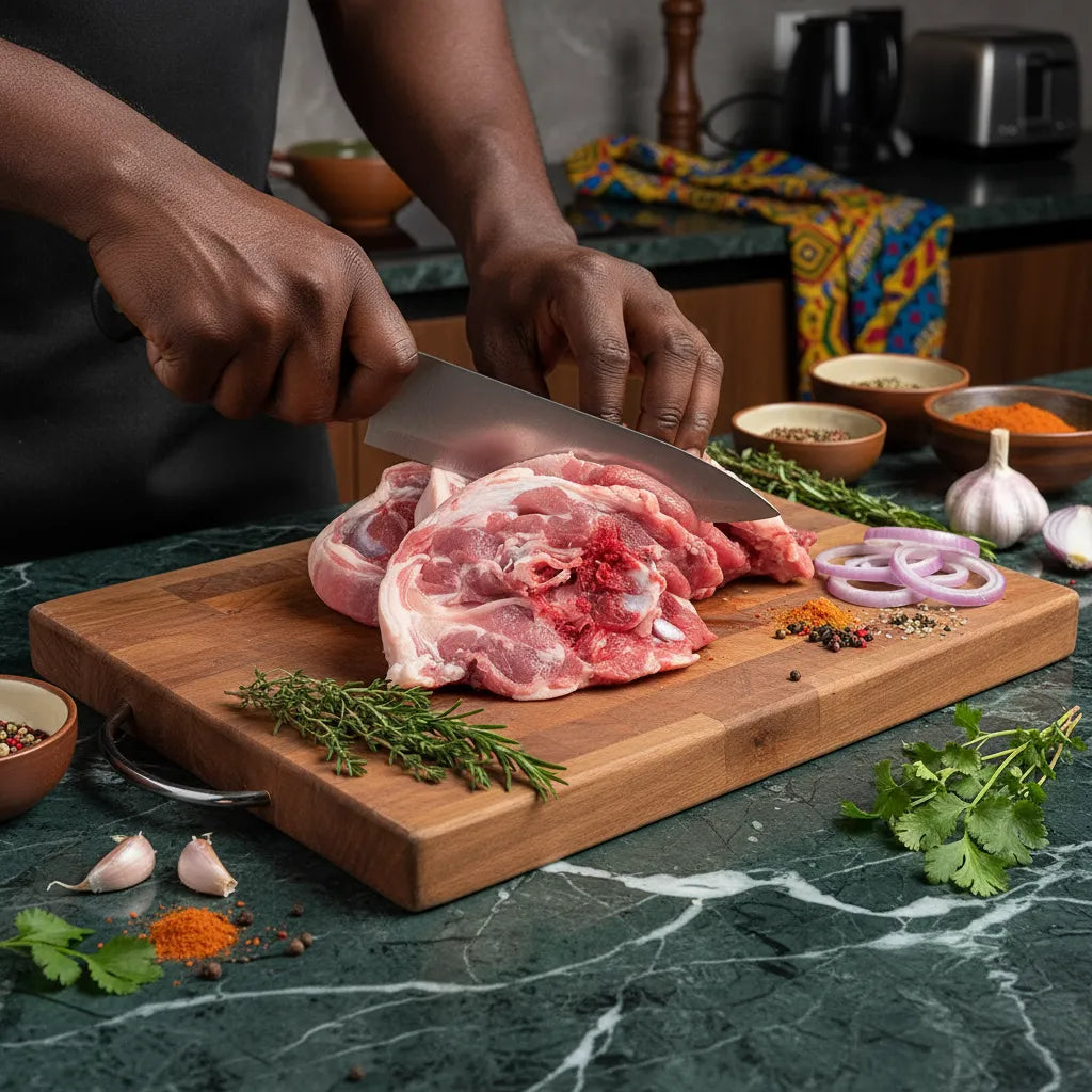 Préparation du colier d'agneau halal sur planche en bois avec herbes fraîches, idéal pour cuisson lente et savoureuse.