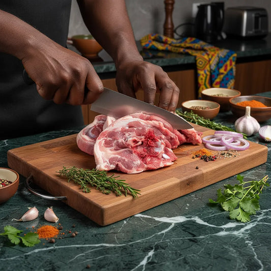 Préparation du colier d'agneau halal sur planche en bois avec herbes fraîches, idéal pour cuisson lente et savoureuse.