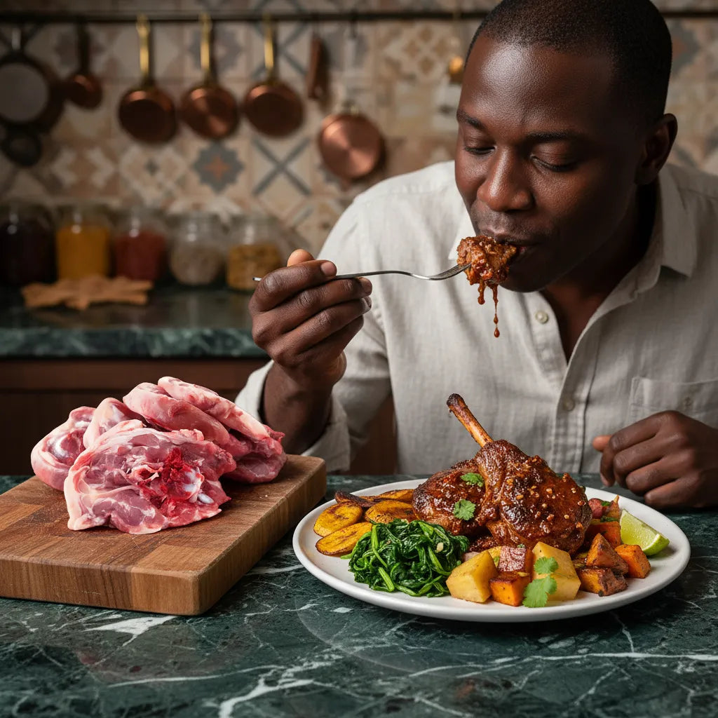 Dégustation d'un plat mijoté à base de collier d'agneau halal, accompagné de légumes, avec viande crue en arrière-plan.