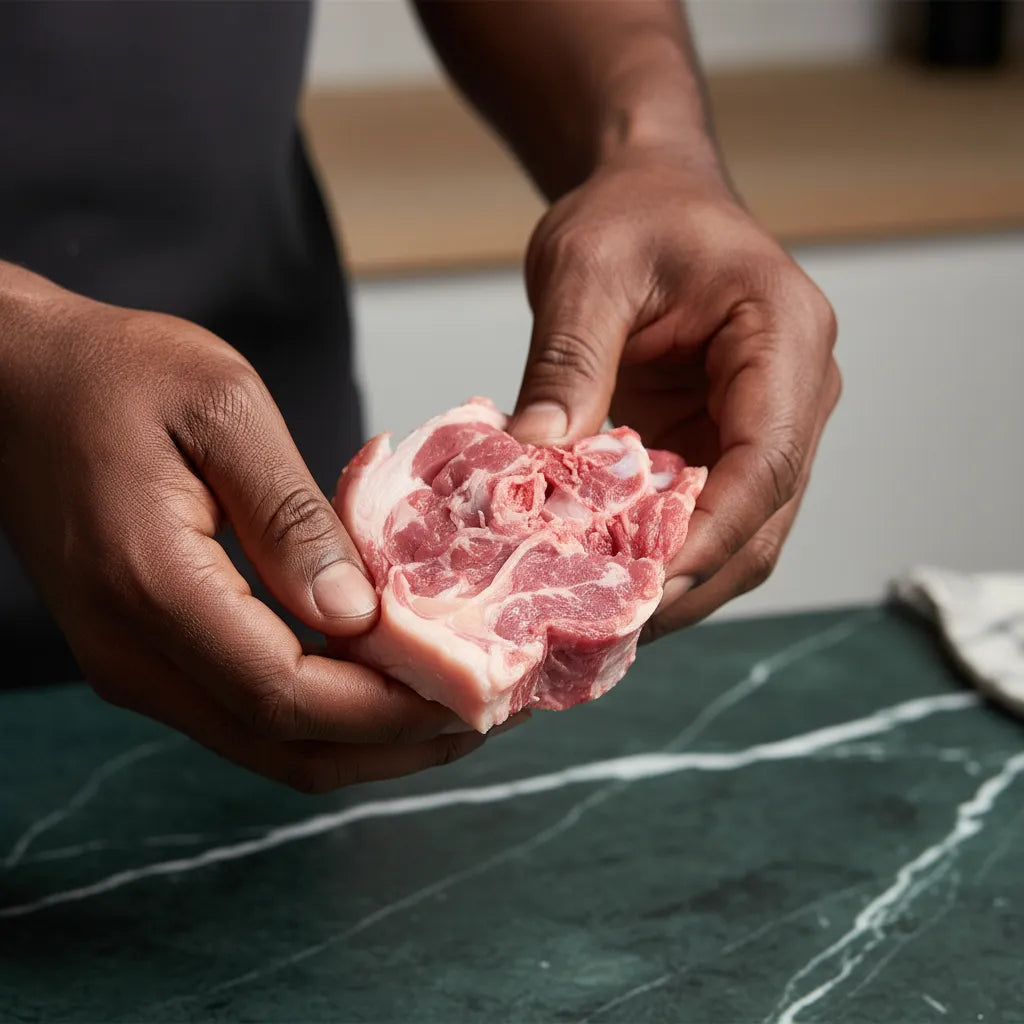 Main tenant un morceau de colier d'agneau halal cru, montrant la texture tendre et la qualité de la viande surgelée.