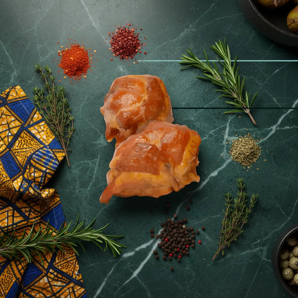 Croupion de dinde fumée - Saveur et fraîcheur optimale, présenté avec épices et herbes sur table verte, produit de volaille prêt à cuisiner.