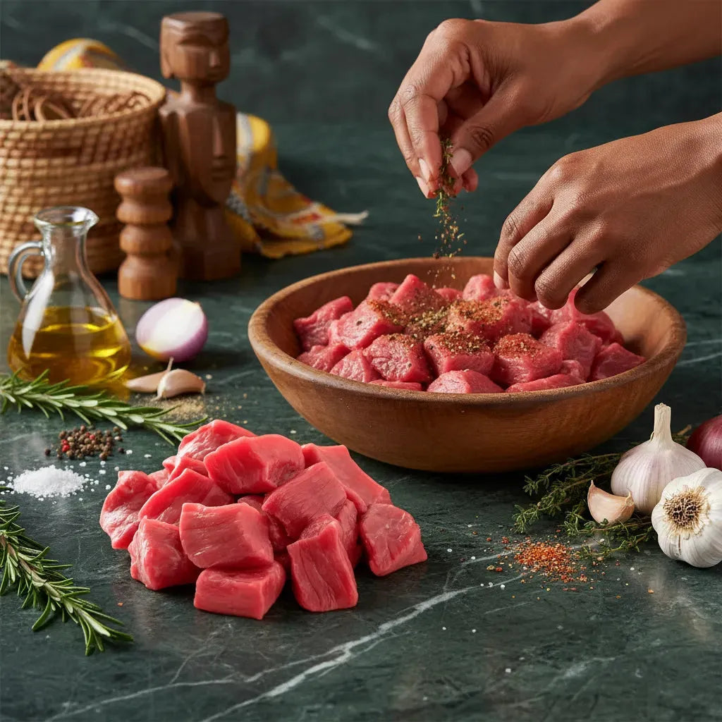 Préparation culinaire avec émincé de bœuf surgelé assaisonné, viande tendre idéale pour recettes maison savoureuses.