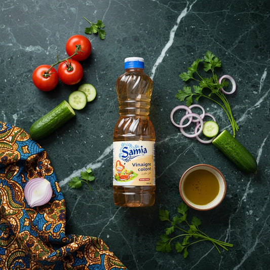 Vinaigre coloré halal Samia entouré de légumes frais sur un plan de travail. Ingrédient polyvalent pour la cuisine orientale et méditerranéenne.