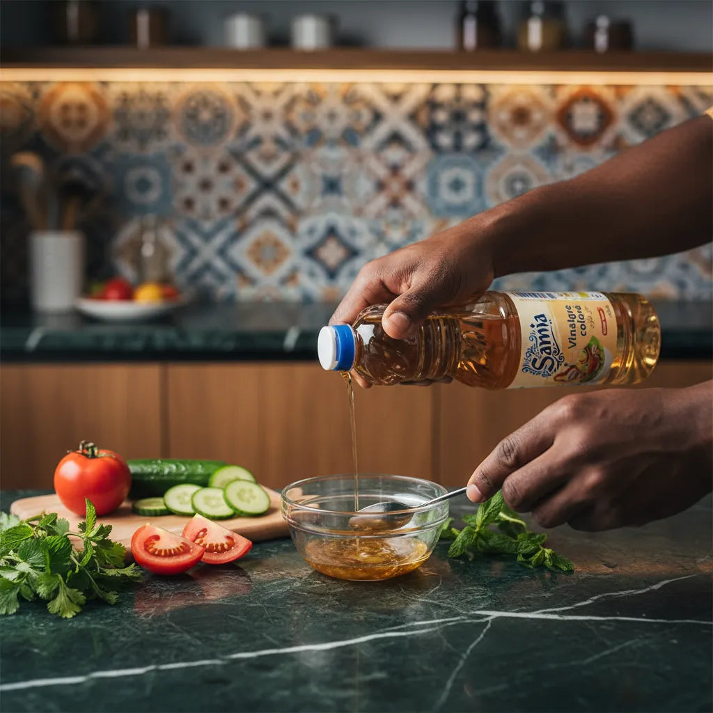 Versement du vinaigre coloré halal Samia dans un bol avec légumes frais. Idéal pour vinaigrettes et marinades maison.