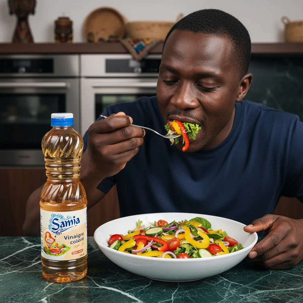 Homme dégustant une salade fraîche assaisonnée avec le vinaigre coloré halal Samia. Parfait pour rehausser les plats du quotidien.