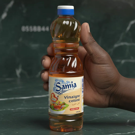 Main tenant une bouteille de vinaigre coloré halal Samia. Produit d'épicerie salée certifié halal pour toutes vos recettes.