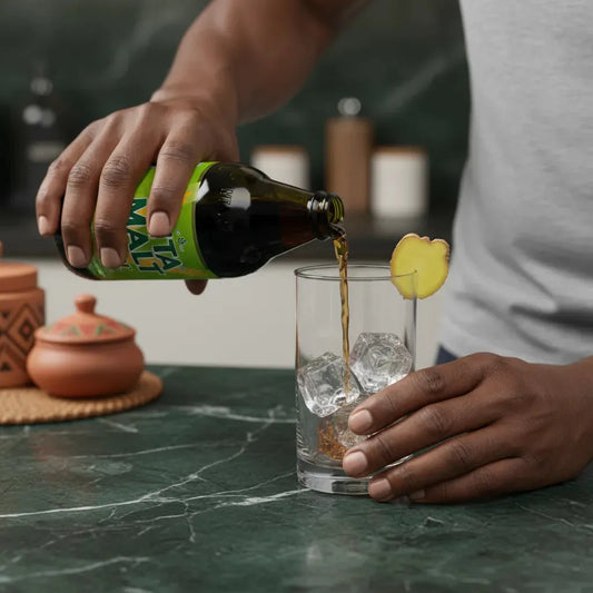 Main versant VITA MALT Boisson Malt Gingembre sur glaçons, boisson rafraîchissante sans alcool au gingembre, idéale pour une pause tonique.