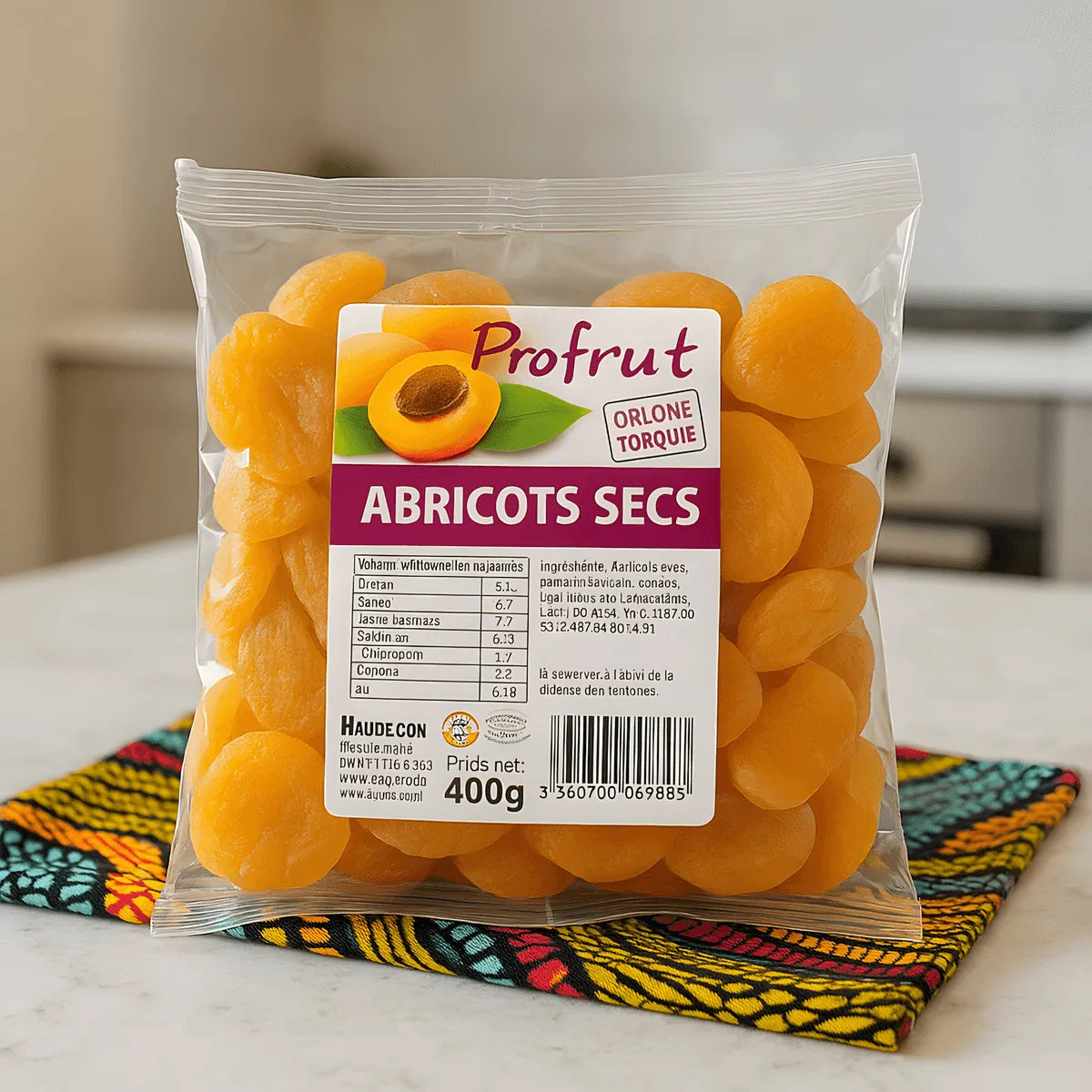 Sachet d'abricots secs PROFRUIT 400g posé sur un tissu coloré, produit d'épicerie sucrée NKOSI, origine Turquie.