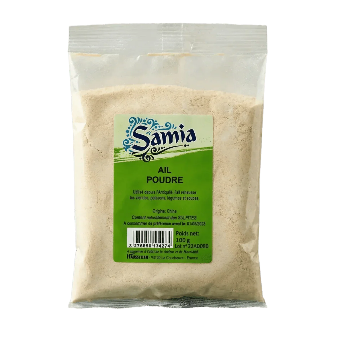 Samia 100g garlic powder sachet, transparent plastic packaging, green and blue label.