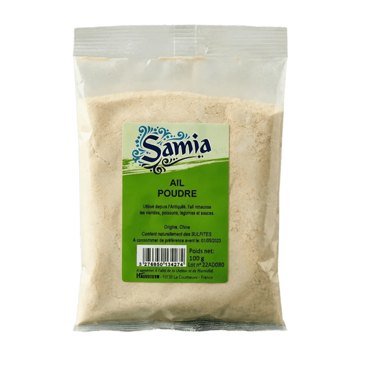 Samia 100g garlic powder sachet, transparent plastic packaging, green and blue label.