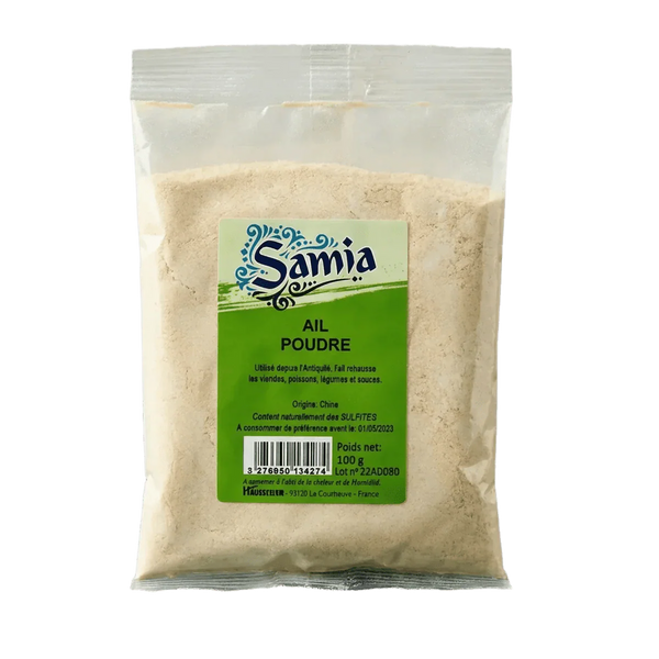 Sachet de poudre d'ail Samia 100g, emballage plastique transparent, étiquette verte et bleue.