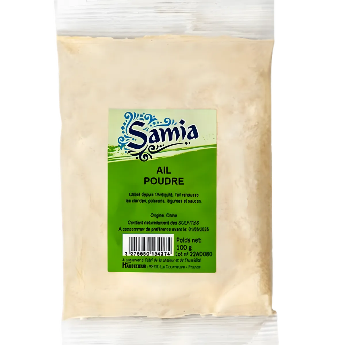 Ail en poudre SAMIA - Rehaussez vos plats avec intensité, sachet de 100g d'épicerie salée, parfait pour assaisonner viandes et légumes.