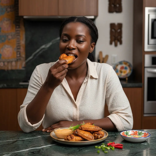 Femme dégustant des ailes de poulet fumées à table, accompagnées de sauce. Volaille savoureuse parfaite pour repas ou apéritif.