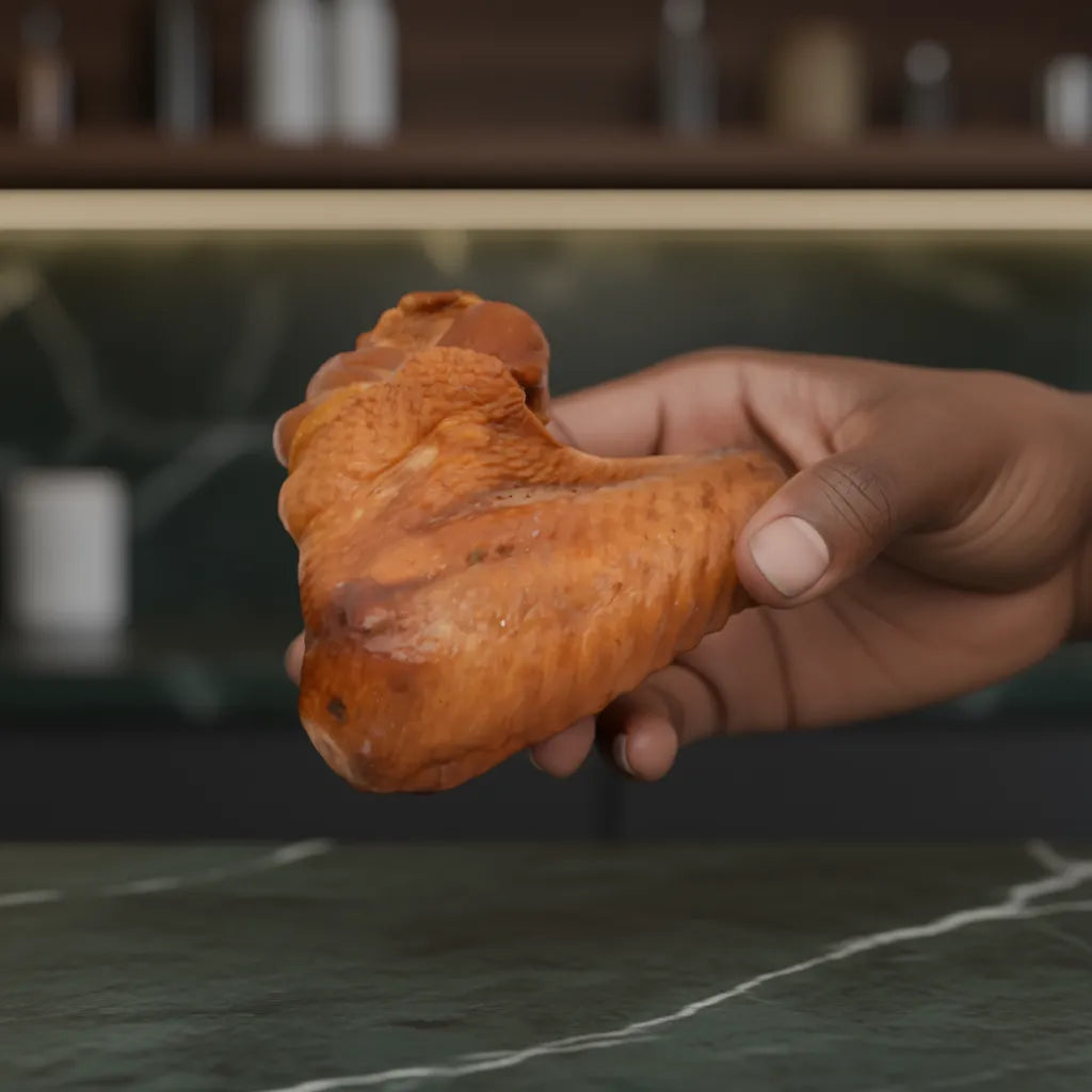 Gros plan sur une aile de poulet fumée tenue à la main, montrant sa cuisson parfaite. Produit de volaille tendre et fumé.