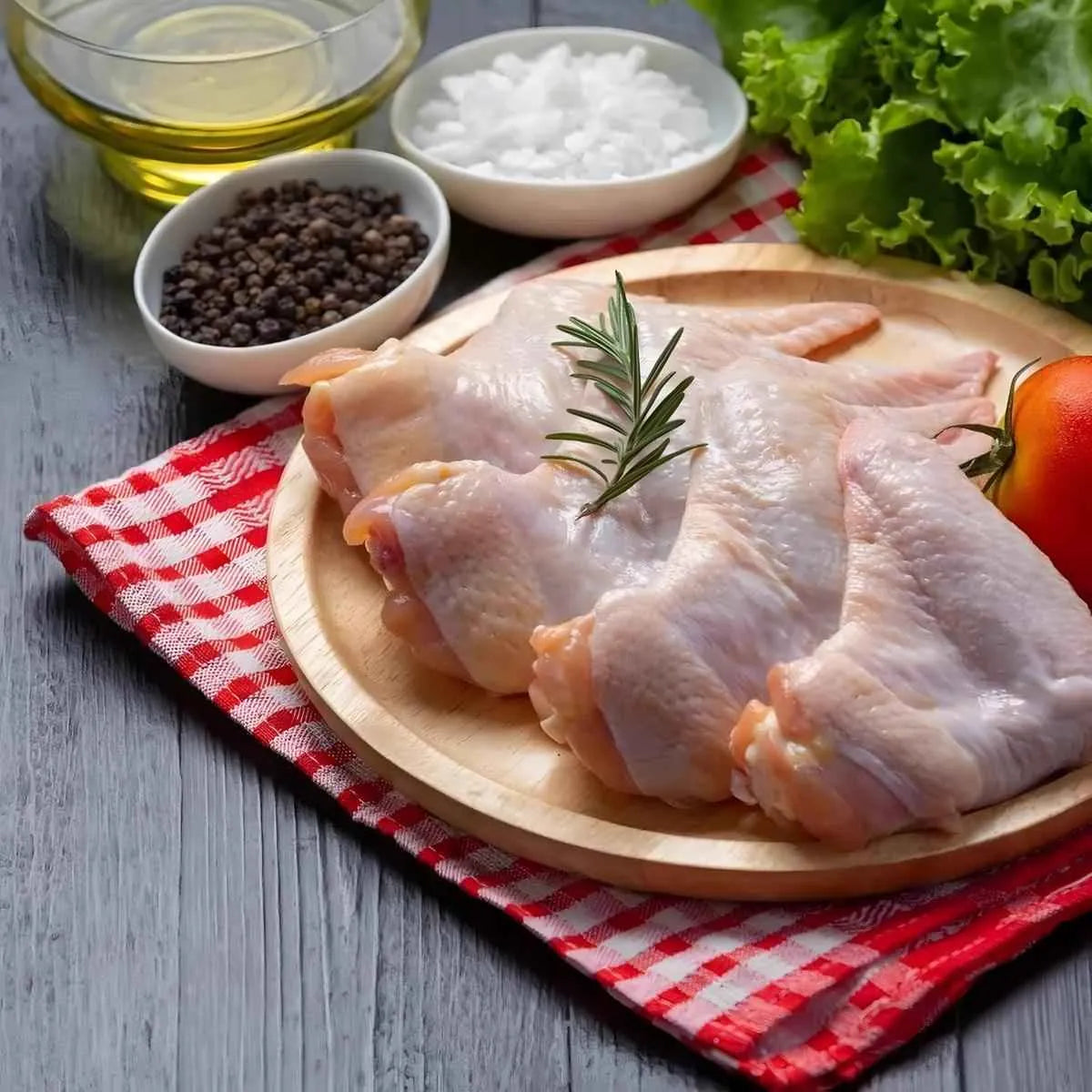 Ailes de poulet nature surgelées présentées sur une assiette en bois avec épices et légumes, prêtes à être cuisinées.