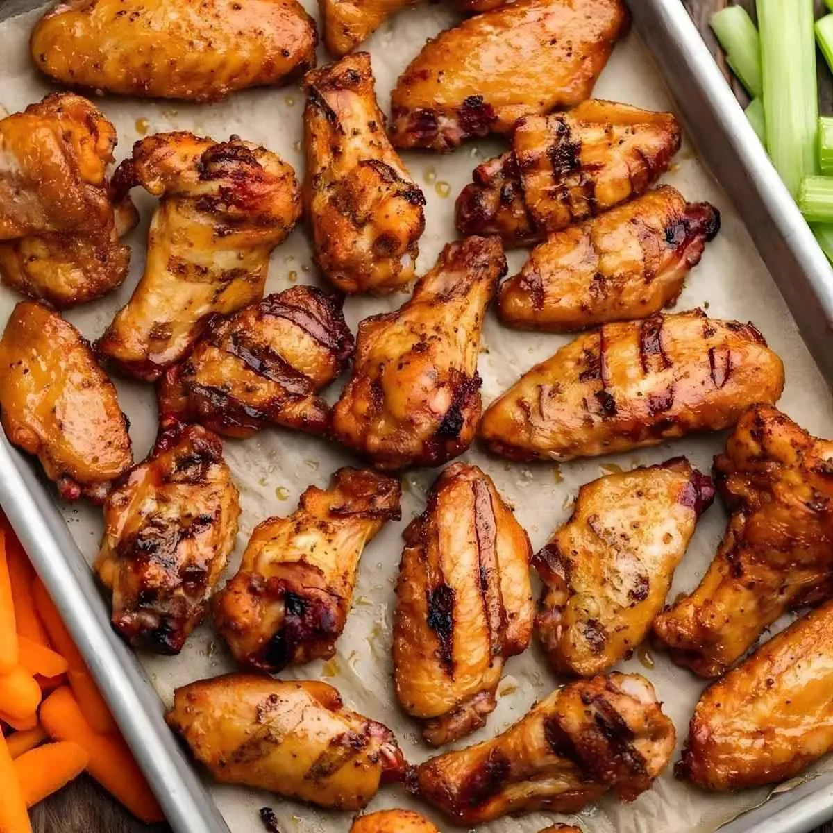 Plateau garni d’ailes de poulet Tex Mex grillées et fumées naturellement, accompagnées de légumes croquants pour un repas équilibré.