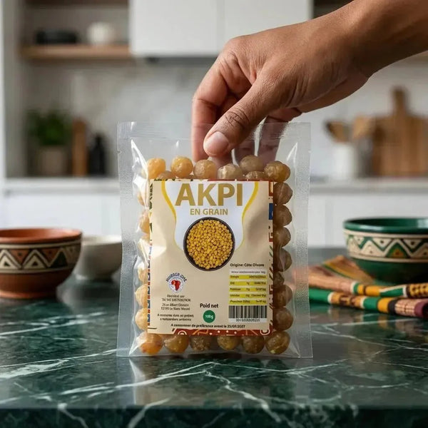 Sachet d'akpi en grain NUMBER ONE sur un comptoir en marbre vert, main tenant le sachet.