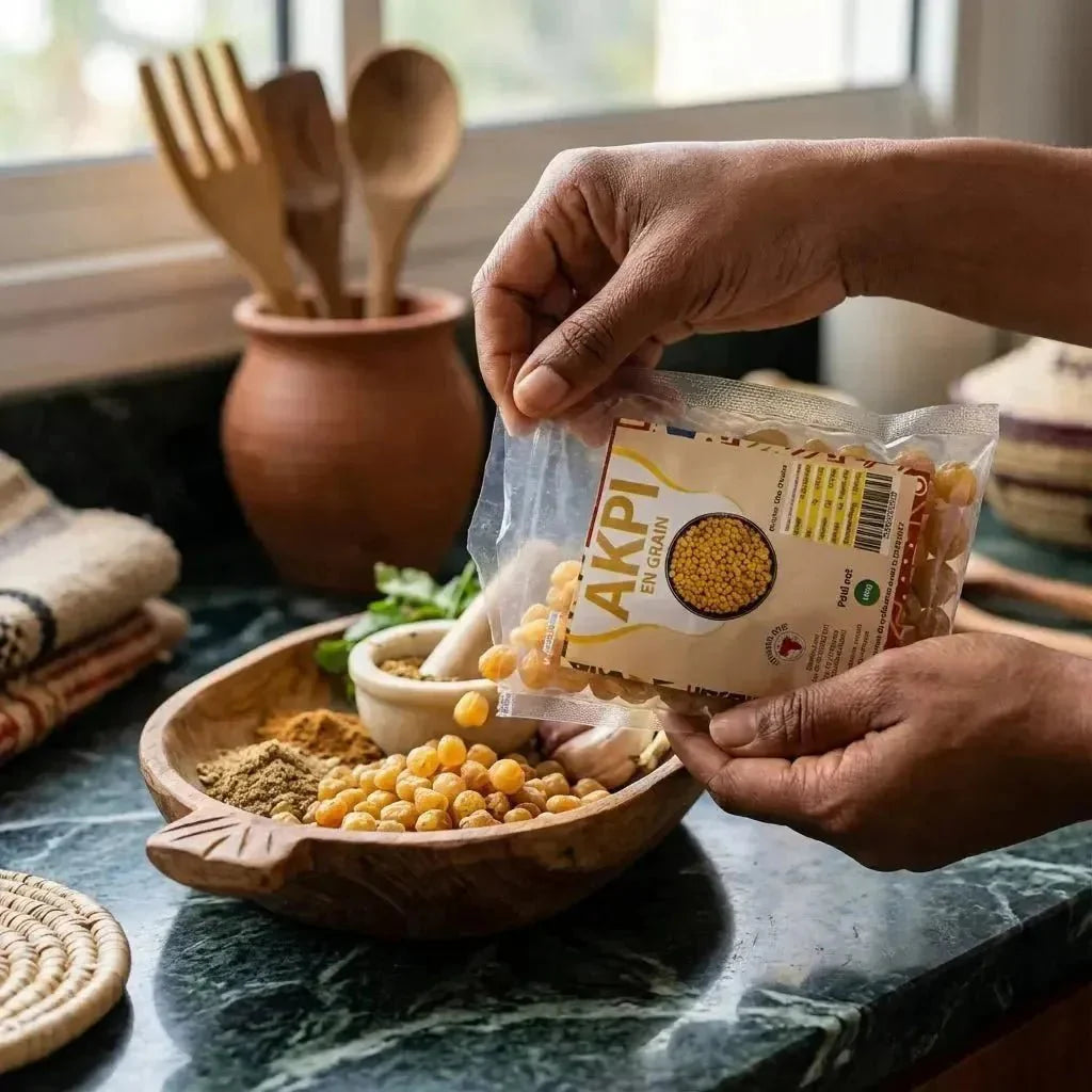 Akpi-Körner NUMBER ONE in einer Holzschale — Premium afrikanisches Gewürz 100g