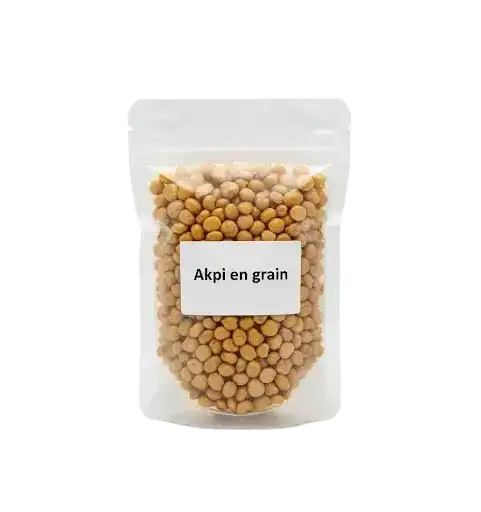 Akpi en grain dans un sachet refermable transparent, utilisé en cuisine africaine pour ses bienfaits nutritionnels et digestifs.