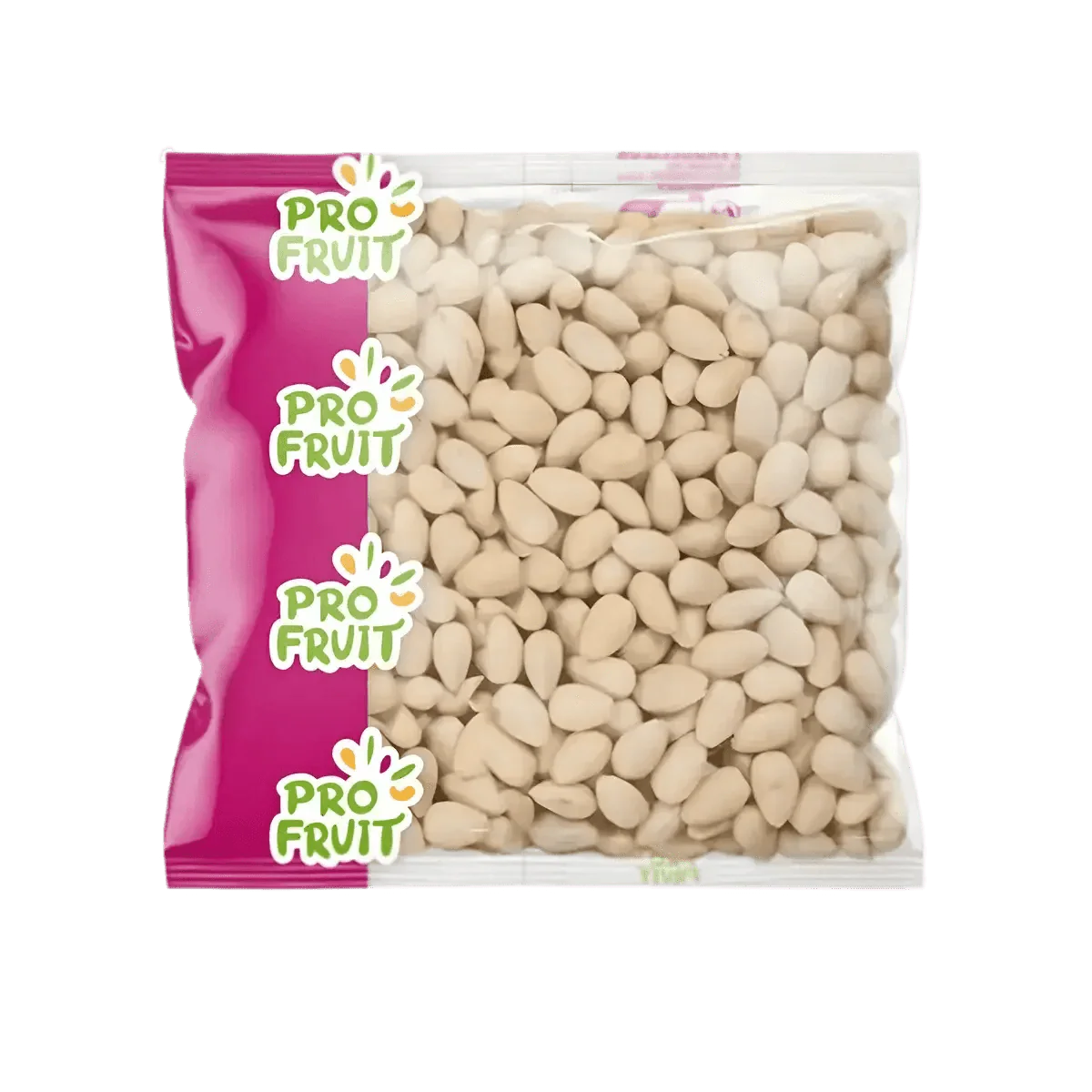 Zak 400g hele geblancheerde amandelen PROFRUIT. Roze en transparante verpakking.